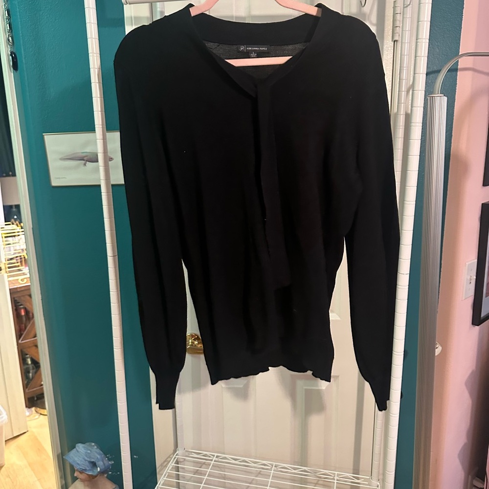 Adrianna Papell Womens Black Tie Neck Knit Sweater V Neck Long Sleeves